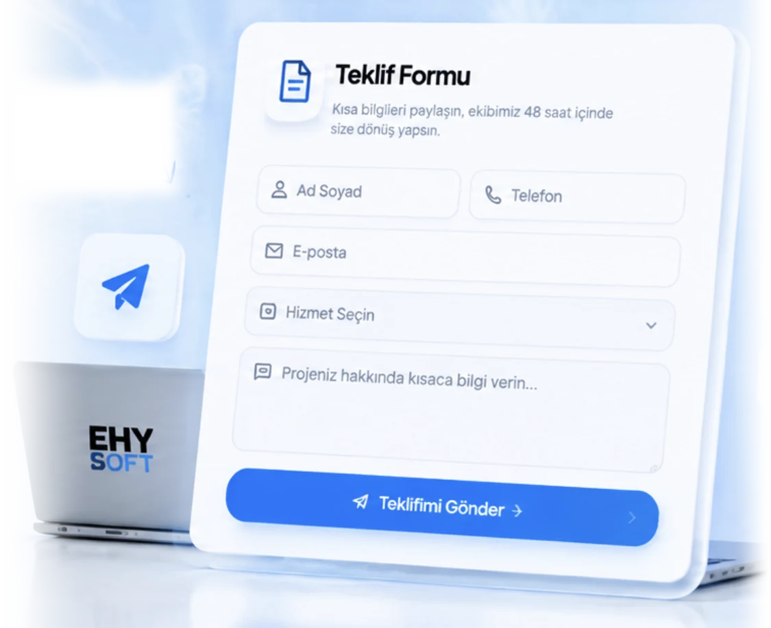 Teklif formunu ve EHY Soft dizüstü bilgisayarını gösteren görsel