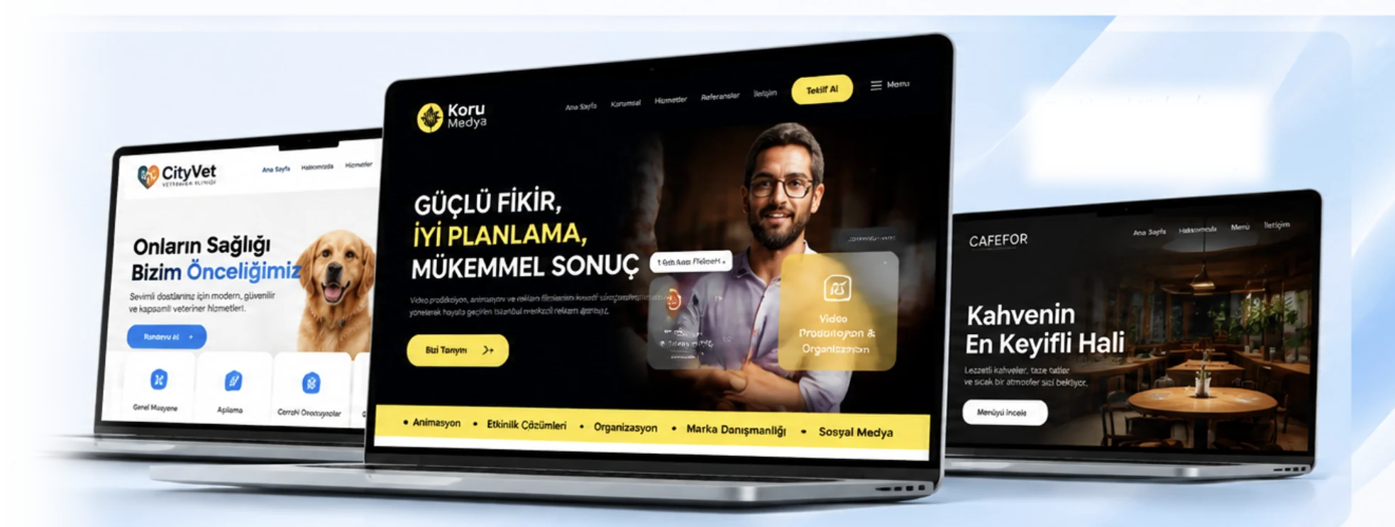 Koru Medya, CityVet ve CAFEFOR web sitelerinin dizüstü bilgisayarlardaki görünümü