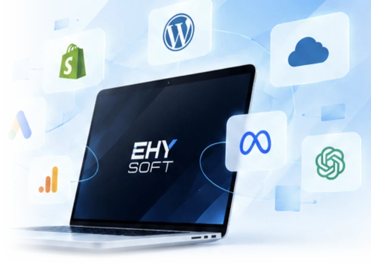 Dizüstü bilgisayar çevresinde WordPress, Shopify, Google Ads, Meta ve yapay zekâ araçlarının simgeleri