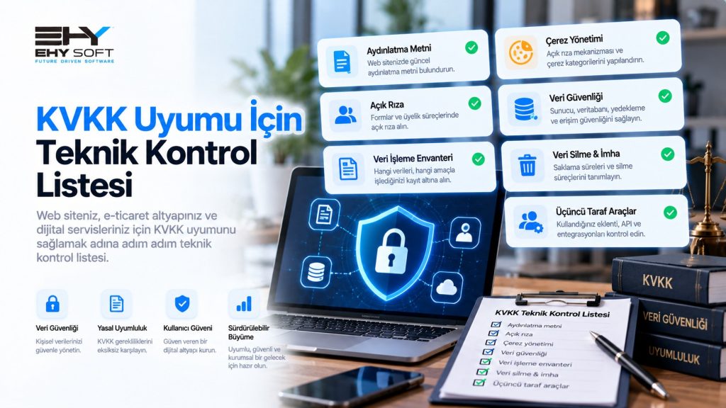 Kilit ve kalkan simgeli dizüstü bilgisayar ile KVKK teknik kontrol listesi kartları
