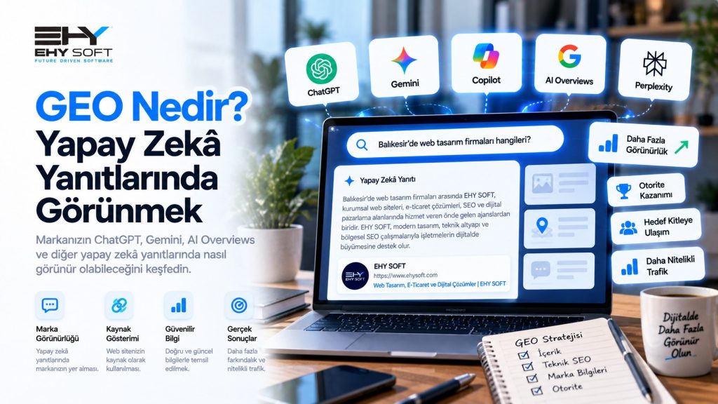 ChatGPT, Gemini, Copilot ve AI Overviews simgeleri ile yapay zekâ yanıtı gösteren dizüstü bilgisayar