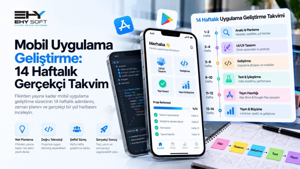 Telefon ekranları, mağaza simgeleri ve 14 haftalık mobil uygulama geliştirme takvimi
