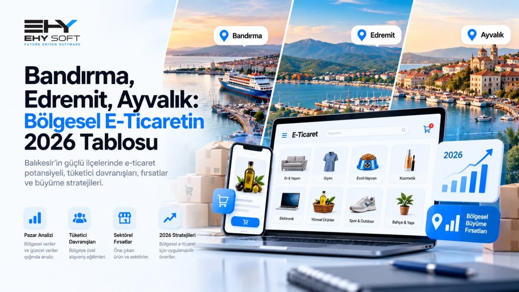 Bandırma, Edremit ve Ayvalık manzaraları önünde dizüstü bilgisayar ve telefonda e-ticaret mağazası; bölgesel e-ticaretin 2026 tablosu