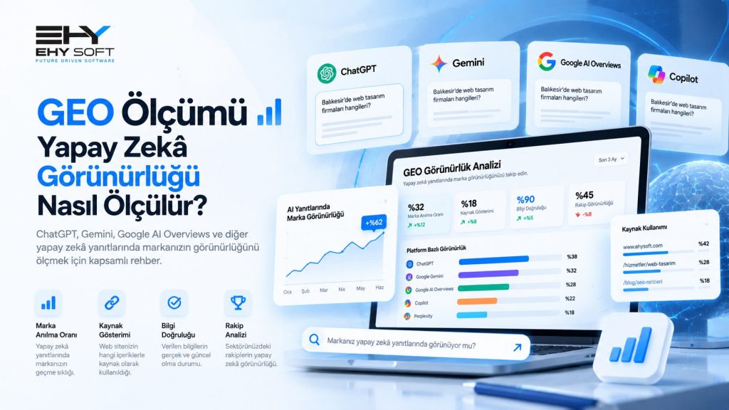 GEO ölçümü: ChatGPT, Gemini, Google AI Overviews ve Copilot yanıtlarında marka görünürlüğünü gösteren analiz paneli