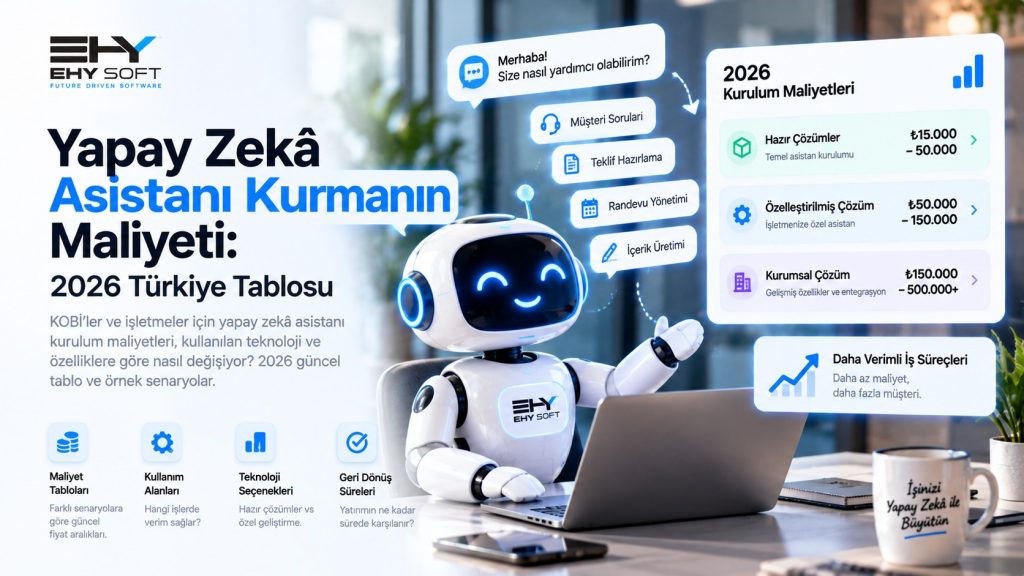Dizüstü bilgisayarın başındaki EHY SOFT yapay zekâ asistanı robotu ve 2026 kurulum maliyeti kartları