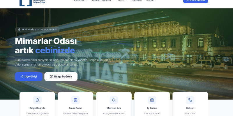 Mimarlar Odası Balıkesir Şubesi web sitesinin ana sayfası