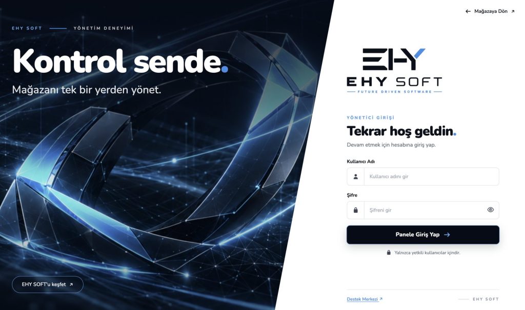 EHY SOFT yönetim paneli giriş ekranı