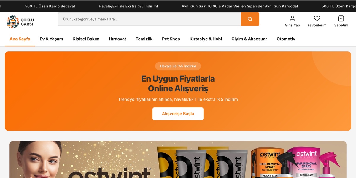 ÇokluÇarşı web sitesinin ana sayfası