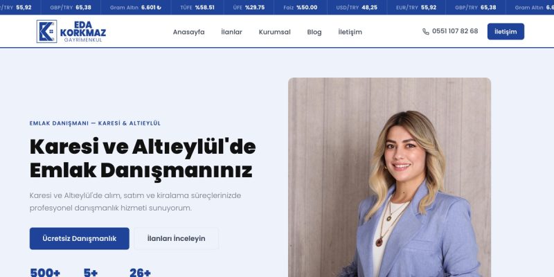 Eda Korkmaz Gayrimenkul web sitesinin ana sayfası