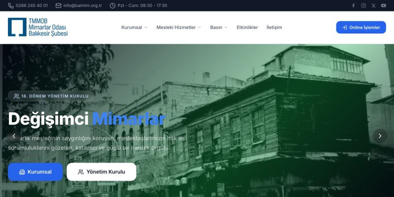 Mimarlar Odası Balıkesir Şubesi web sitesinin ana sayfası