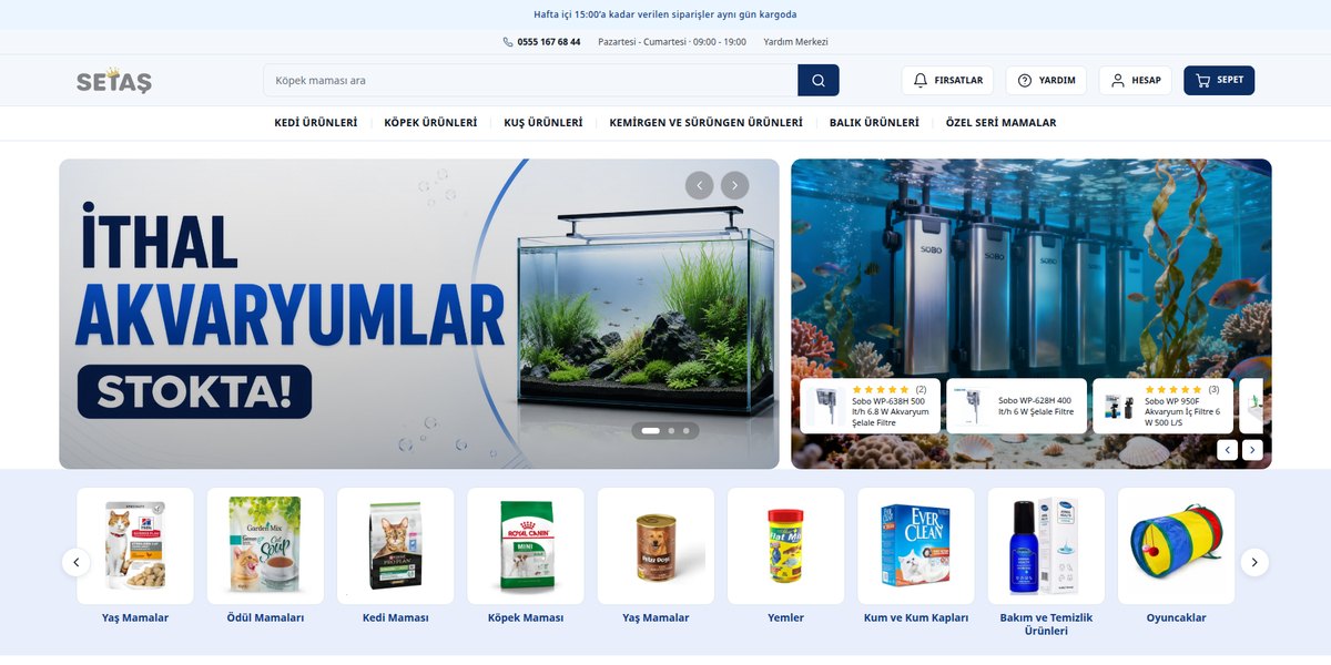 Setaş Pet Market e-ticaret sitesinin ana sayfası