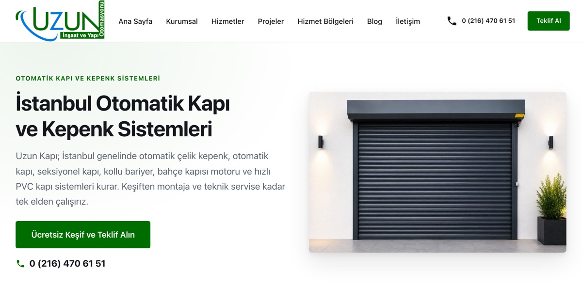Uzun Kapı otomatik kapı ve kepenk sistemleri web sitesinin ana sayfası