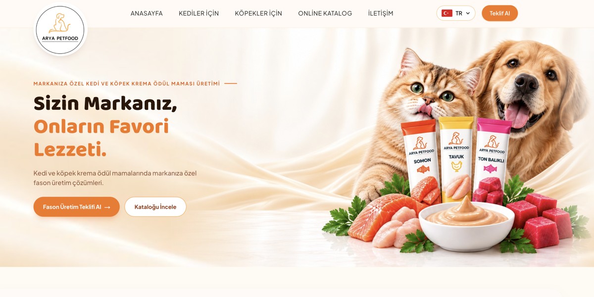 Arya Petfood web sitesinin ana sayfası