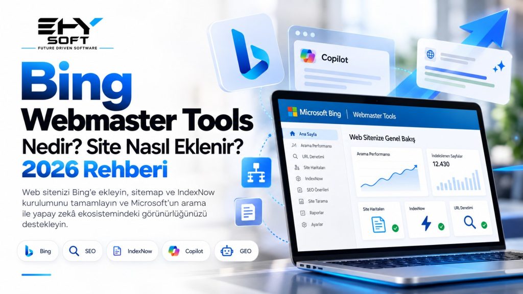 Bing Webmaster Tools panelinde arama performansı, indekslenen sayfalar, site haritaları ve IndexNow durumu; Bing, Copilot ve GEO simgeleri