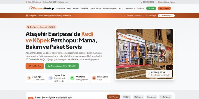 Esatpaşa Petshop web sitesinin ana sayfası