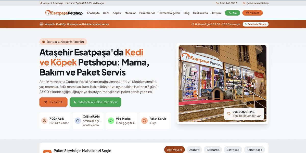 Esatpaşa Petshop web sitesinin ana sayfası