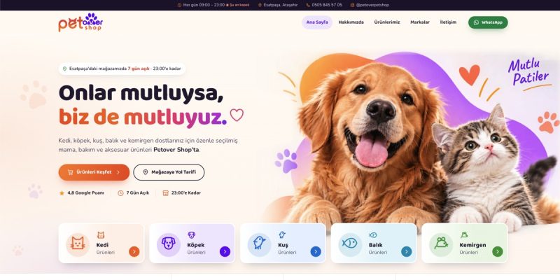 Petover Petshop web sitesinin ana sayfası