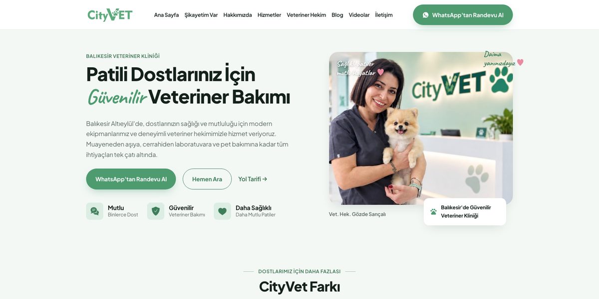 CityVet Balıkesir Veteriner Kliniği web sitesinin ana sayfası